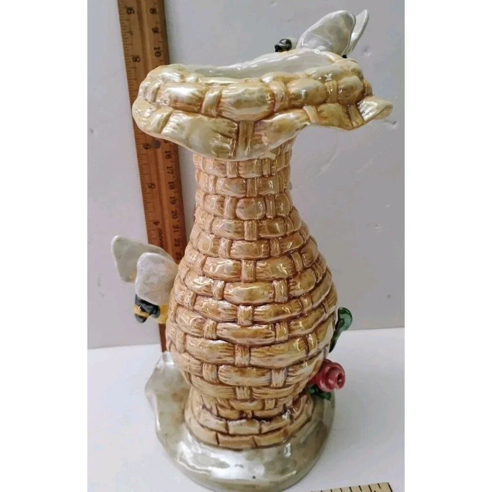 Vintage A.F.D. 2003 Majolica Ceramic Bees Flowers Vase Beehive Lusterware